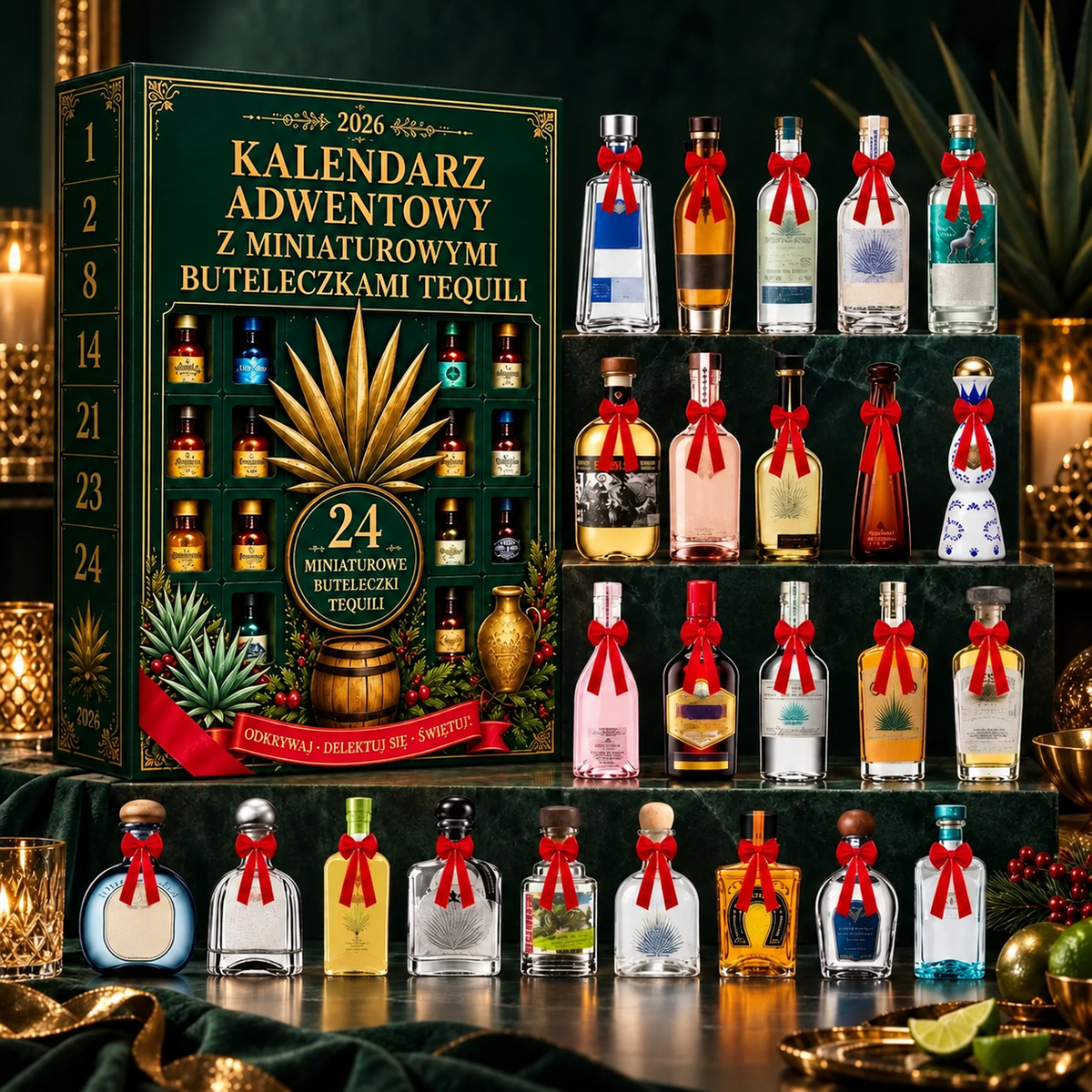 Billhol® Kalendarz adwentowy z 24 miniaturowymi butelkami tequili – świąteczny zestaw-niespodzianka, dekoracja stołu barowego, prezent dla kolekcjonerów i odliczanie do Świąt z rodziną