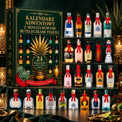Billhol® Kalendarz adwentowy z 24 miniaturowymi butelkami tequili – świąteczny zestaw-niespodzianka, dekoracja stołu barowego, prezent dla kolekcjonerów i odliczanie do Świąt z rodziną