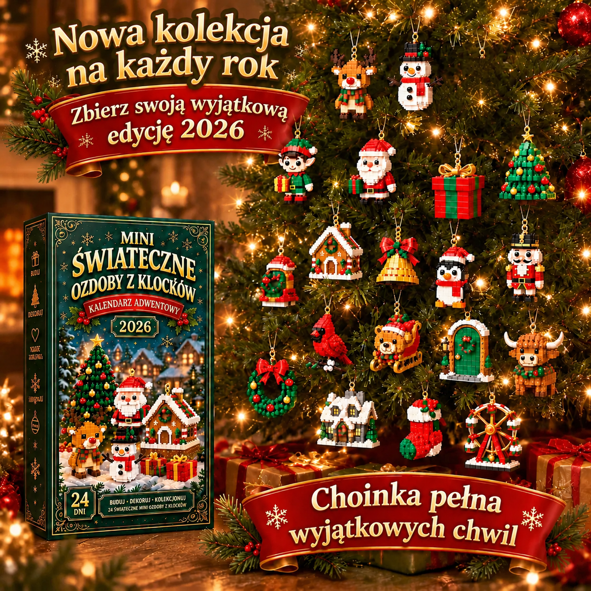 🕯️Billhol® 24-dniowy kalendarz adwentowy z miniaturowymi ozdobami świątecznymi z klocków – 24 wyjątkowe modele do samodzielnego złożenia