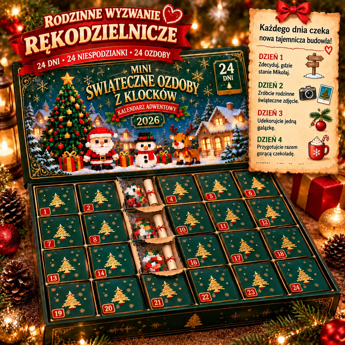 🕯️Billhol® 24-dniowy kalendarz adwentowy z miniaturowymi ozdobami świątecznymi z klocków – 24 wyjątkowe modele do samodzielnego złożenia