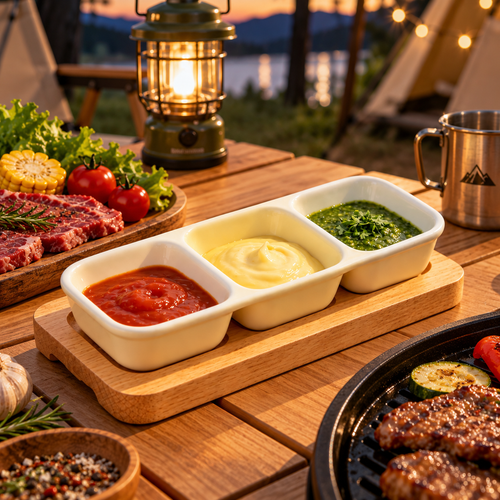 3-Compartment Ceramic Dipping Bowls with Wooden Tray