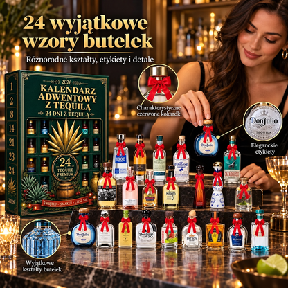 Billhol® Kalendarz adwentowy z 24 miniaturowymi butelkami tequili – świąteczny zestaw-niespodzianka, dekoracja stołu barowego, prezent dla kolekcjonerów i odliczanie do Świąt z rodziną