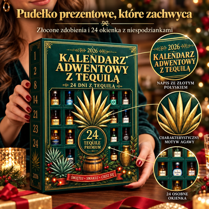 Billhol® Kalendarz adwentowy z 24 miniaturowymi butelkami tequili – świąteczny zestaw-niespodzianka, dekoracja stołu barowego, prezent dla kolekcjonerów i odliczanie do Świąt z rodziną