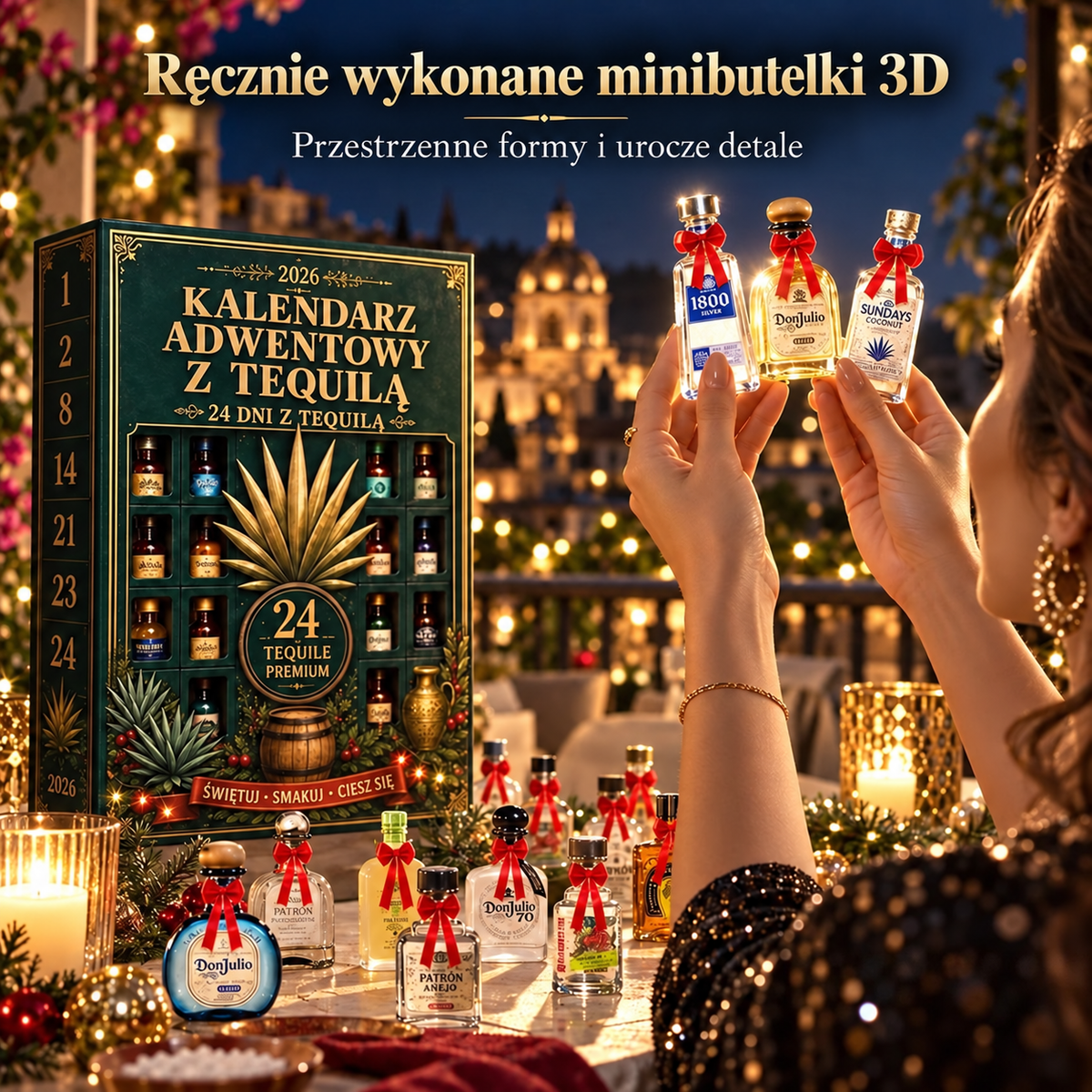 Billhol® Kalendarz adwentowy z 24 miniaturowymi butelkami tequili – świąteczny zestaw-niespodzianka, dekoracja stołu barowego, prezent dla kolekcjonerów i odliczanie do Świąt z rodziną