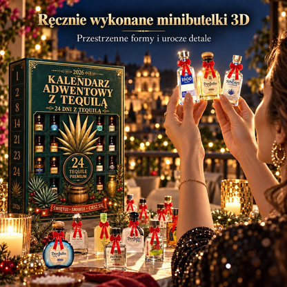 Billhol® Kalendarz adwentowy z 24 miniaturowymi butelkami tequili – świąteczny zestaw-niespodzianka, dekoracja stołu barowego, prezent dla kolekcjonerów i odliczanie do Świąt z rodziną