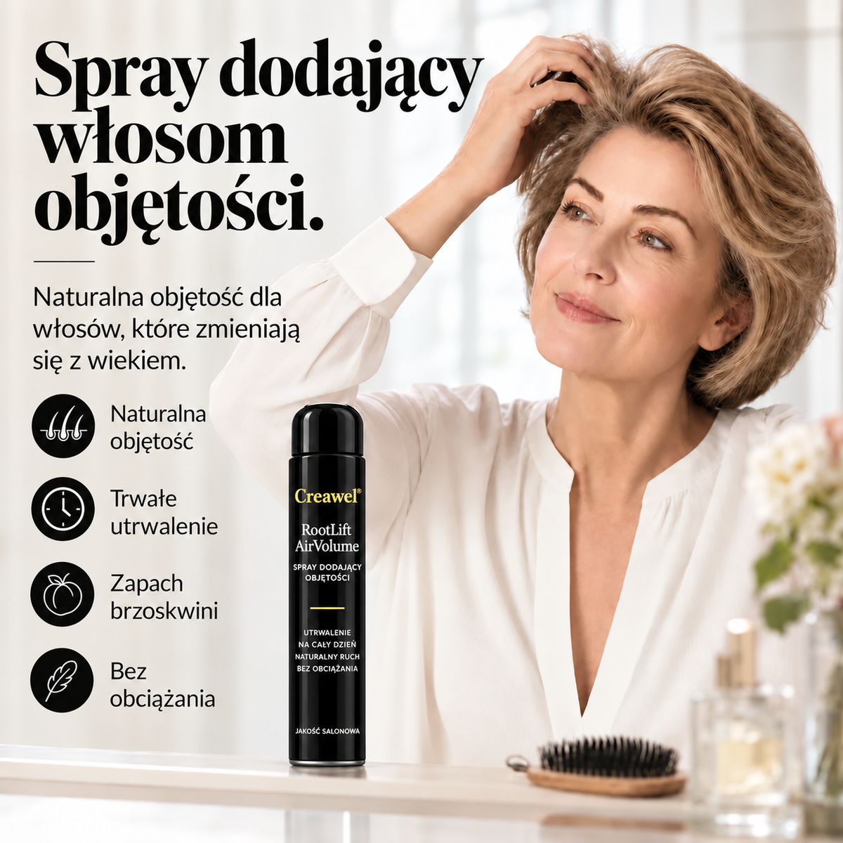 🔥 TYLKO TERAZ: -70% ZNIŻKI! ⏰ Creawel®  RootLift AirVolume – spray do stylizacji włosów o zapachu brzoskwini, natychmiastowe uniesienie u nasady, optycznie większa objętość i elastyczne utrwalenie przez cały dzień.