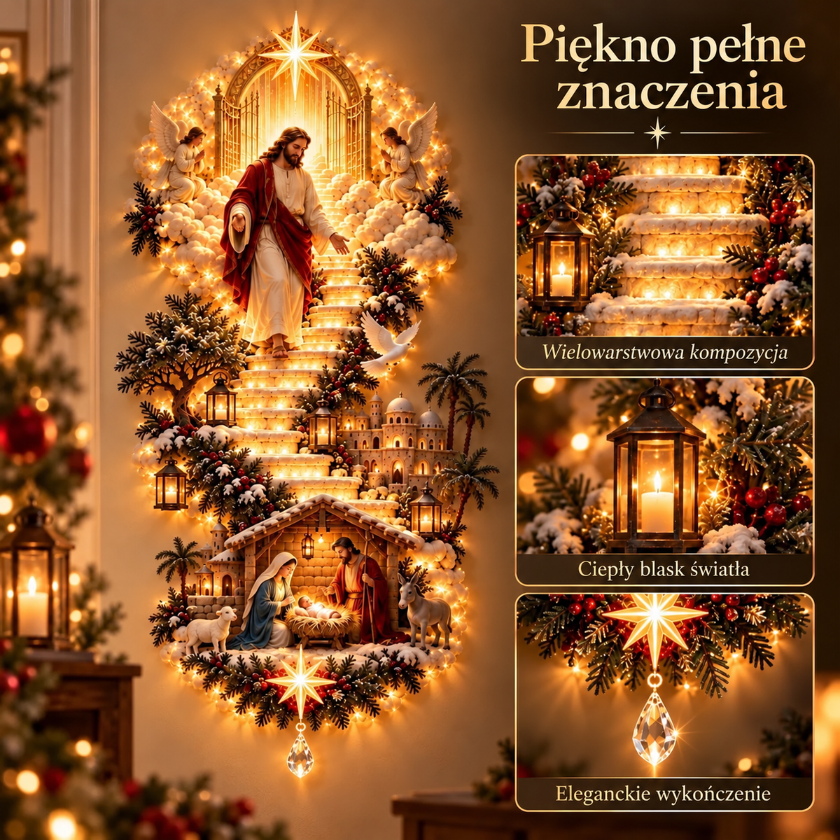 🪽𝐁i𝐥𝐥𝐡𝐨𝐥®  Schody do nieba – podświetlana dekoracja świąteczna na ścianę z Jezusem