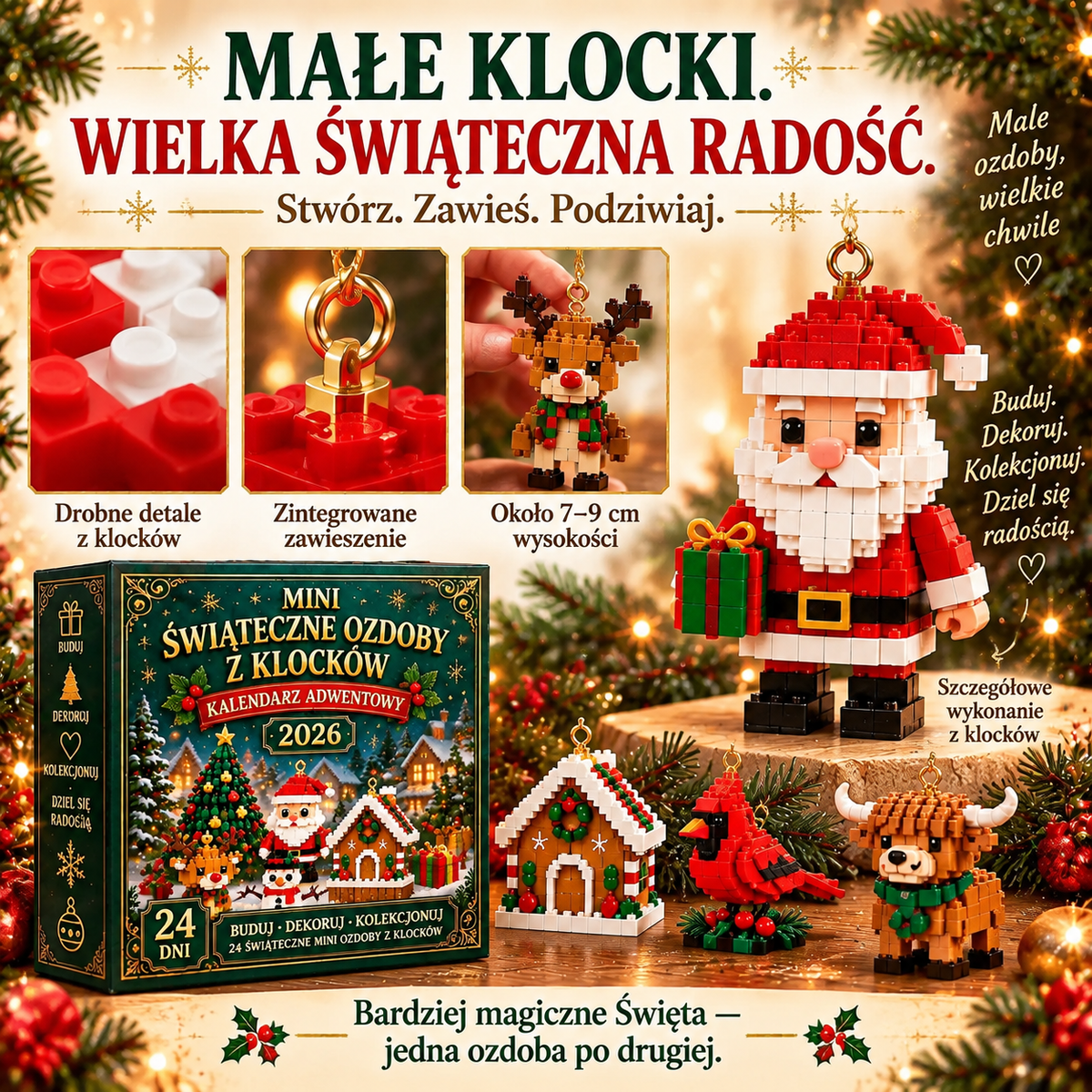 🕯️Billhol® 24-dniowy kalendarz adwentowy z miniaturowymi ozdobami świątecznymi z klocków – 24 wyjątkowe modele do samodzielnego złożenia