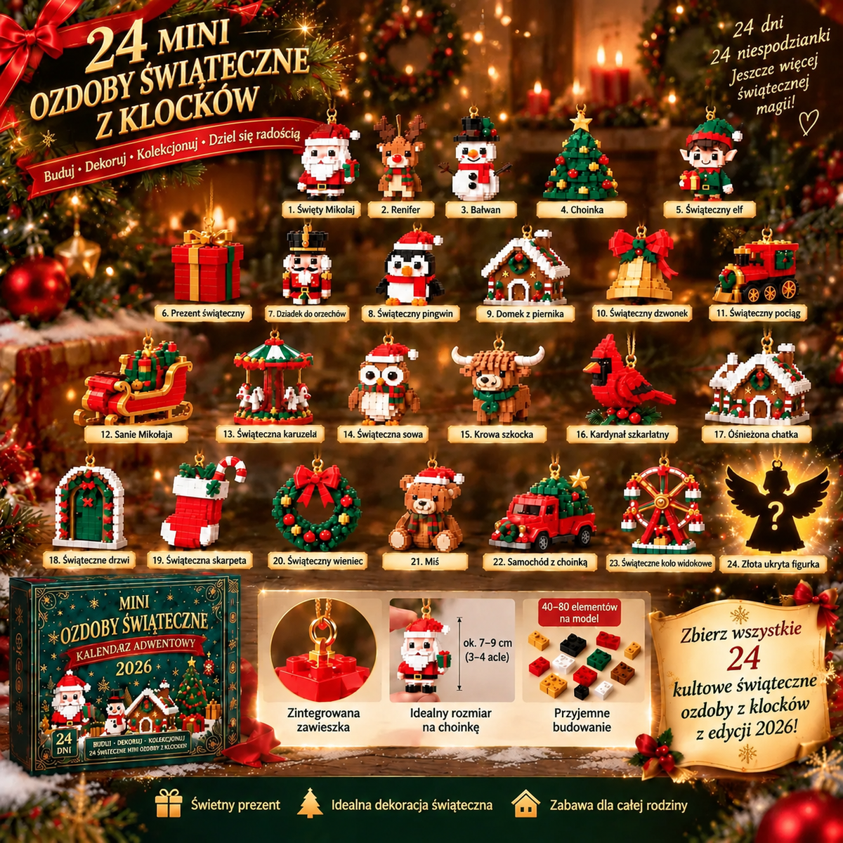 🕯️Billhol® 24-dniowy kalendarz adwentowy z miniaturowymi ozdobami świątecznymi z klocków – 24 wyjątkowe modele do samodzielnego złożenia