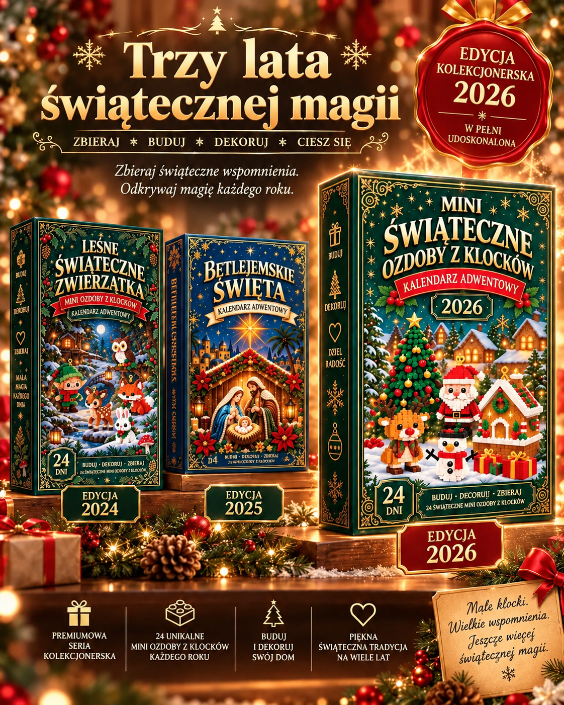🕯️Billhol® 24-dniowy kalendarz adwentowy z miniaturowymi ozdobami świątecznymi z klocków – 24 wyjątkowe modele do samodzielnego złożenia