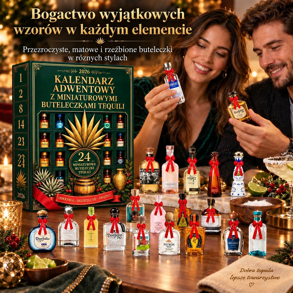 Billhol® Kalendarz adwentowy z 24 miniaturowymi butelkami tequili – świąteczny zestaw-niespodzianka, dekoracja stołu barowego, prezent dla kolekcjonerów i odliczanie do Świąt z rodziną