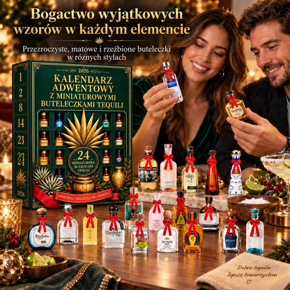 Billhol® Kalendarz adwentowy z 24 miniaturowymi butelkami tequili – świąteczny zestaw-niespodzianka, dekoracja stołu barowego, prezent dla kolekcjonerów i odliczanie do Świąt z rodziną