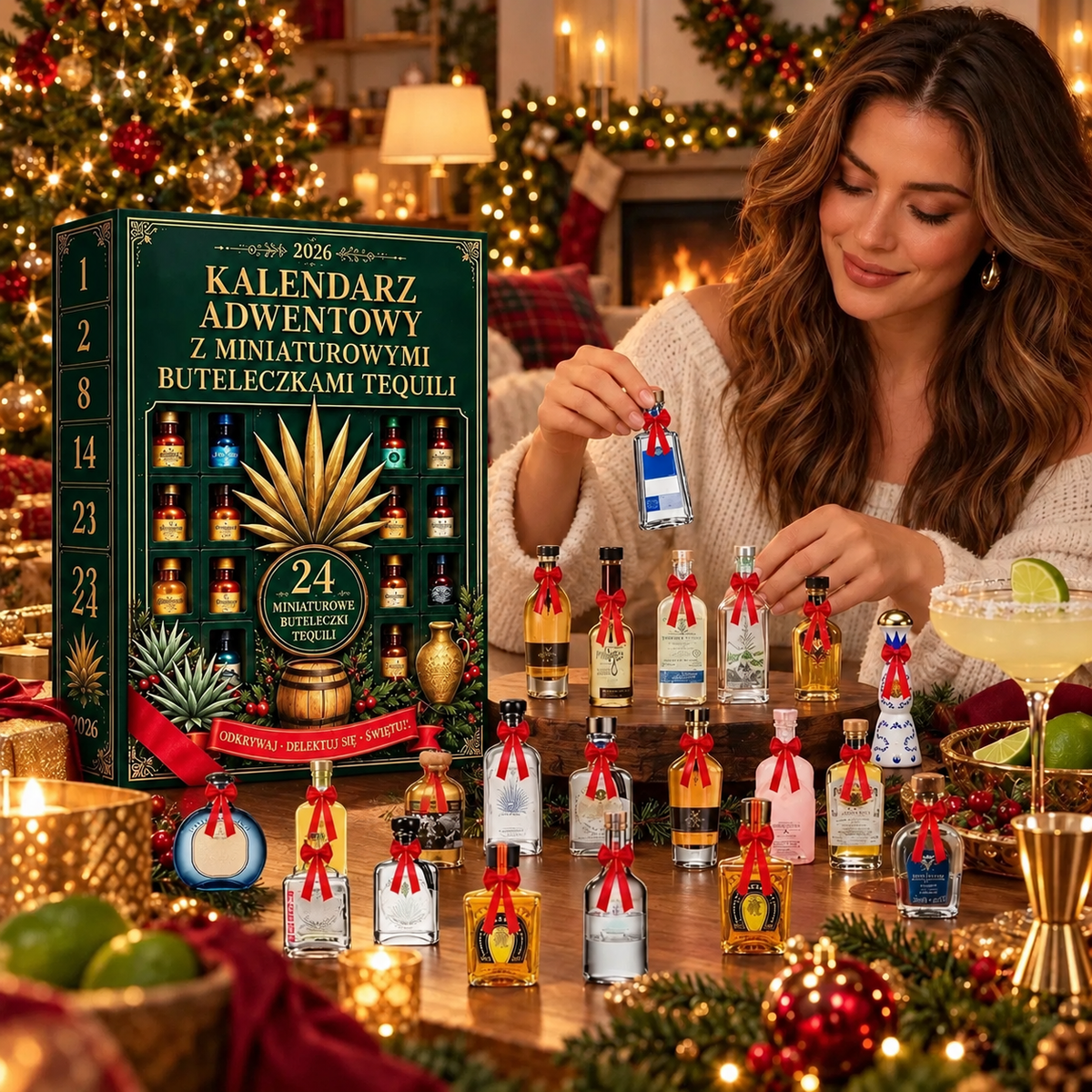 Billhol® Kalendarz adwentowy z 24 miniaturowymi butelkami tequili – świąteczny zestaw-niespodzianka, dekoracja stołu barowego, prezent dla kolekcjonerów i odliczanie do Świąt z rodziną