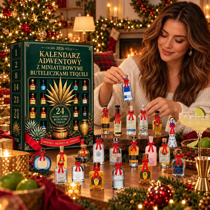 Billhol® Kalendarz adwentowy z 24 miniaturowymi butelkami tequili – świąteczny zestaw-niespodzianka, dekoracja stołu barowego, prezent dla kolekcjonerów i odliczanie do Świąt z rodziną